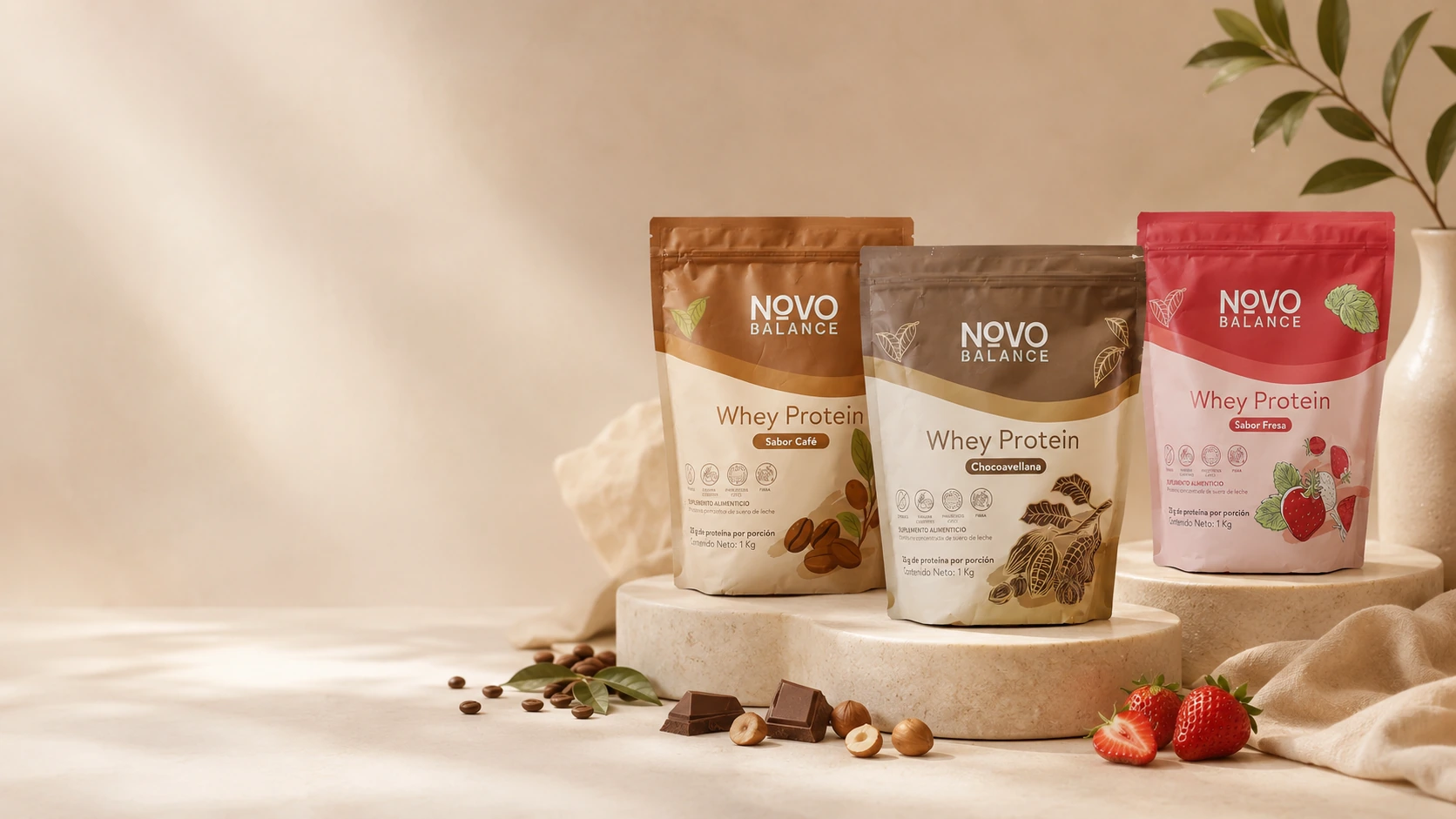 Proteínas de leche Novo Balance sabor café, chocoavellana y fresa